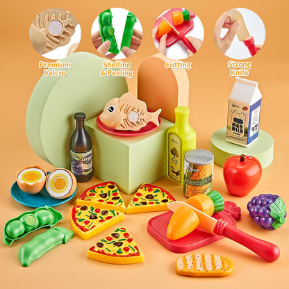 Kidsciety Pretend Play Accessories - 52pc Kids Kitchen Playset with Play Food, Stainless Steel Cookware, Toys Pots and Pans, Toddler Kitchen Set with Cuttable Toy Food - Boys and Girls Gift
