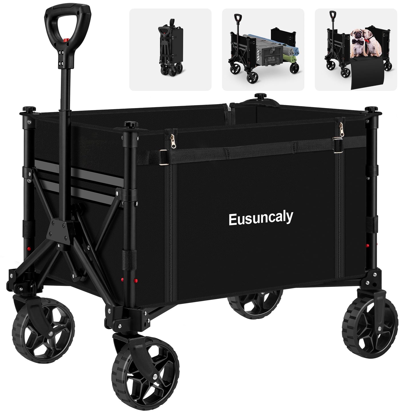 Eusuncaly Collapsible Wagon with Wheels, Wagons Carts Foldable, Heavy Duty Folding Utility Cart for Grocery, Camping, Shopping, Sports, Garden, Fishing, Black