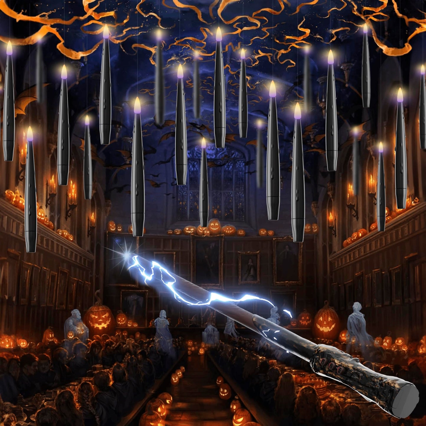 JOIONE Floating Candles with Wand, 12 Pack Flameless Candles Magic Hanging Taper Candles with Wand Remote, Battery Operated Candles for Halloween Christmas Birthday Party Decor Black