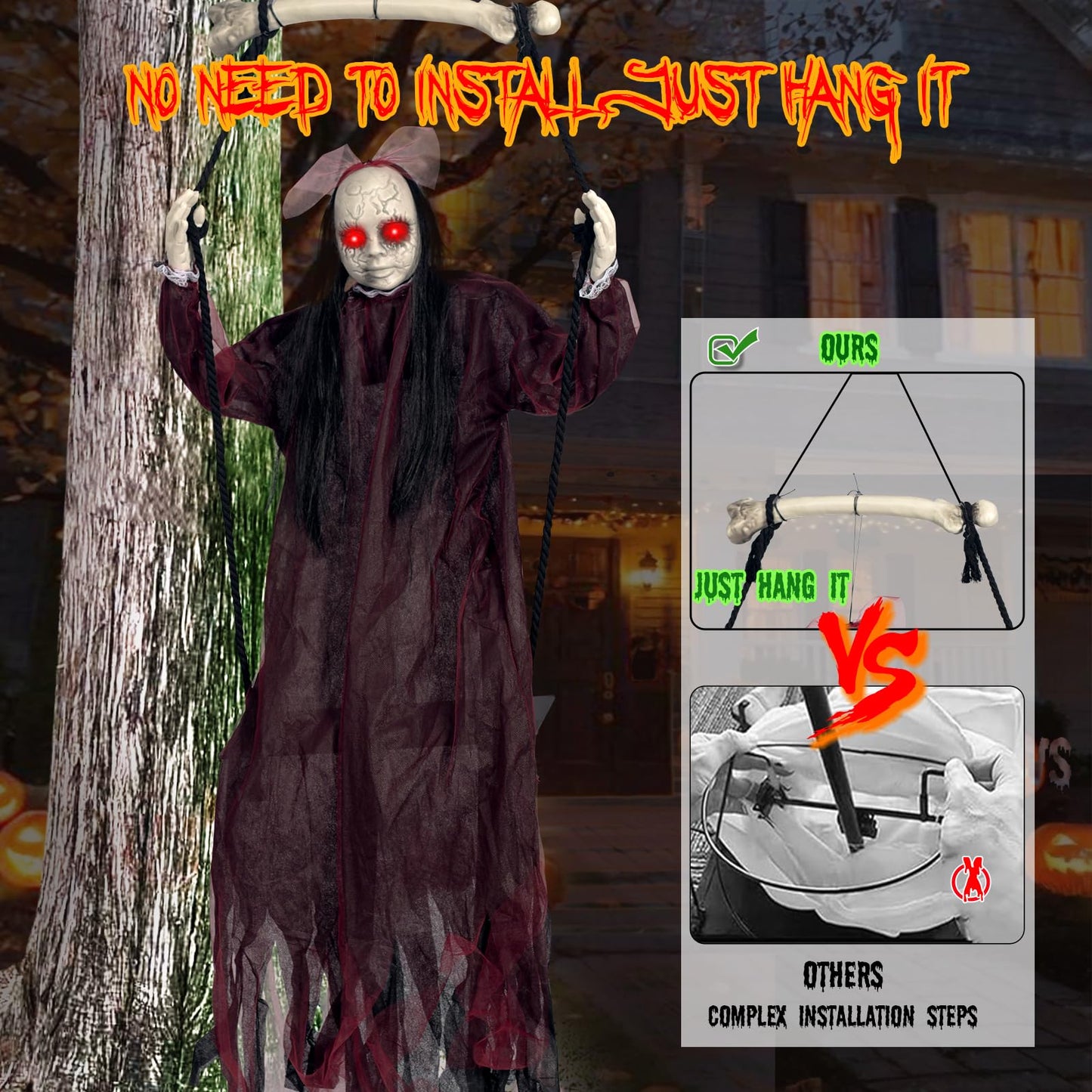 KEUCL Halloween Decorations, Hanging Swing Ghost with Voice Activated, Creepy Sound/Light Up Eyes, Halloween Animatronics Spooky Haunted House Holiday Prop for Outdoor Indoor Yard Garden Patio Trees