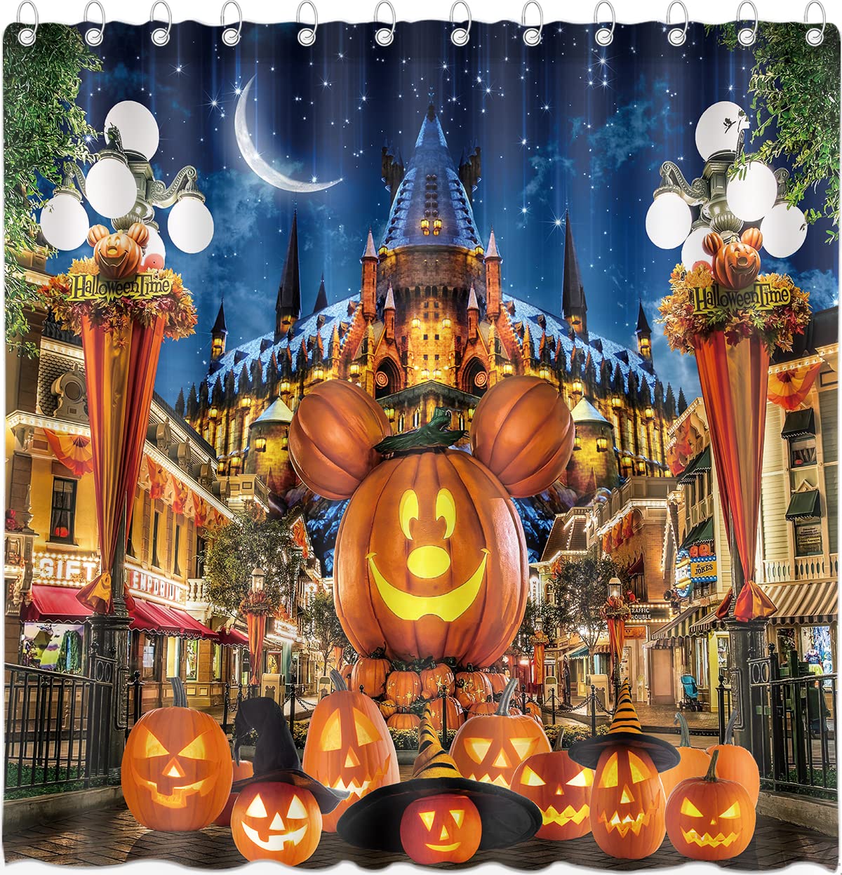 DePhoto Halloween Shower Curtain for Bathroom Kids Cartoon Pumpkin Wizard hat Moon Castle Star Street lamp Poliester Fabric Decoration Water Proof with 12Hooks 72x72inch