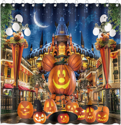 DePhoto Halloween Shower Curtain for Bathroom Kids Cartoon Pumpkin Wizard hat Moon Castle Star Street lamp Poliester Fabric Decoration Water Proof with 12Hooks 72x72inch