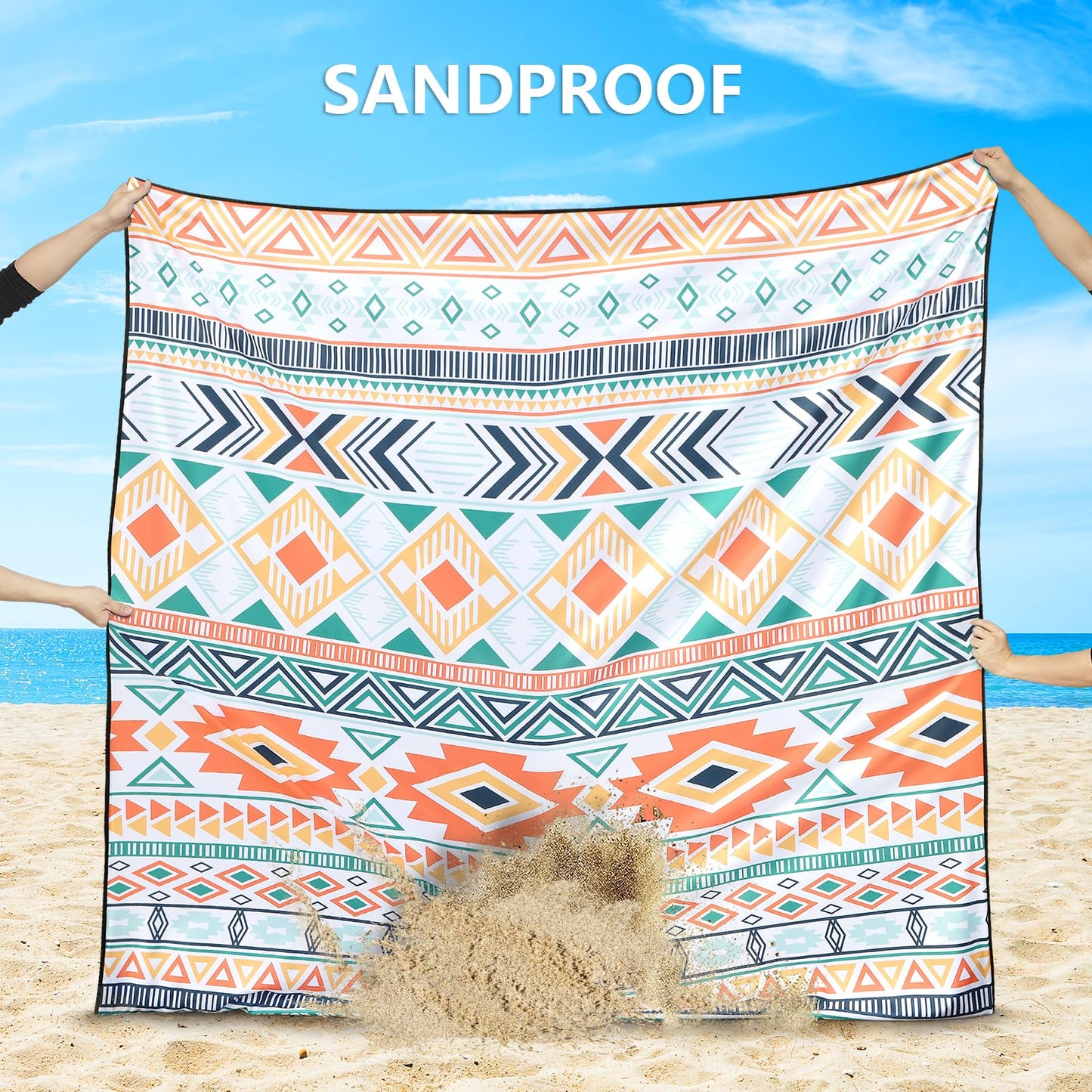 HIHOHO Beach Blanket, Sandproof Beach Mat, Waterproof Quick Drying Lightweight Outdoor Aztec Picnic Mat 79" X 83"/120"x108" for 2-8 Adults for Travel, Camping, Hiking
