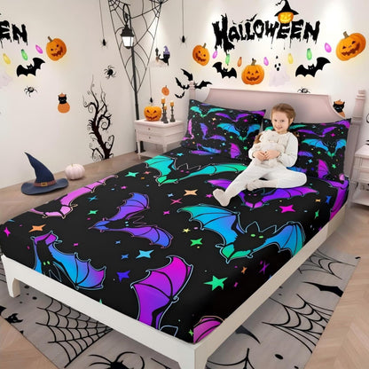 Erosebridal Halloween Bat Bedding Set King Size Glitter Stars Galaxy Bed Sheet Set for Kids Child, Cartoon Gothic Bats Fitted Sheet Halloween Decorations Teal Blue Green Purple