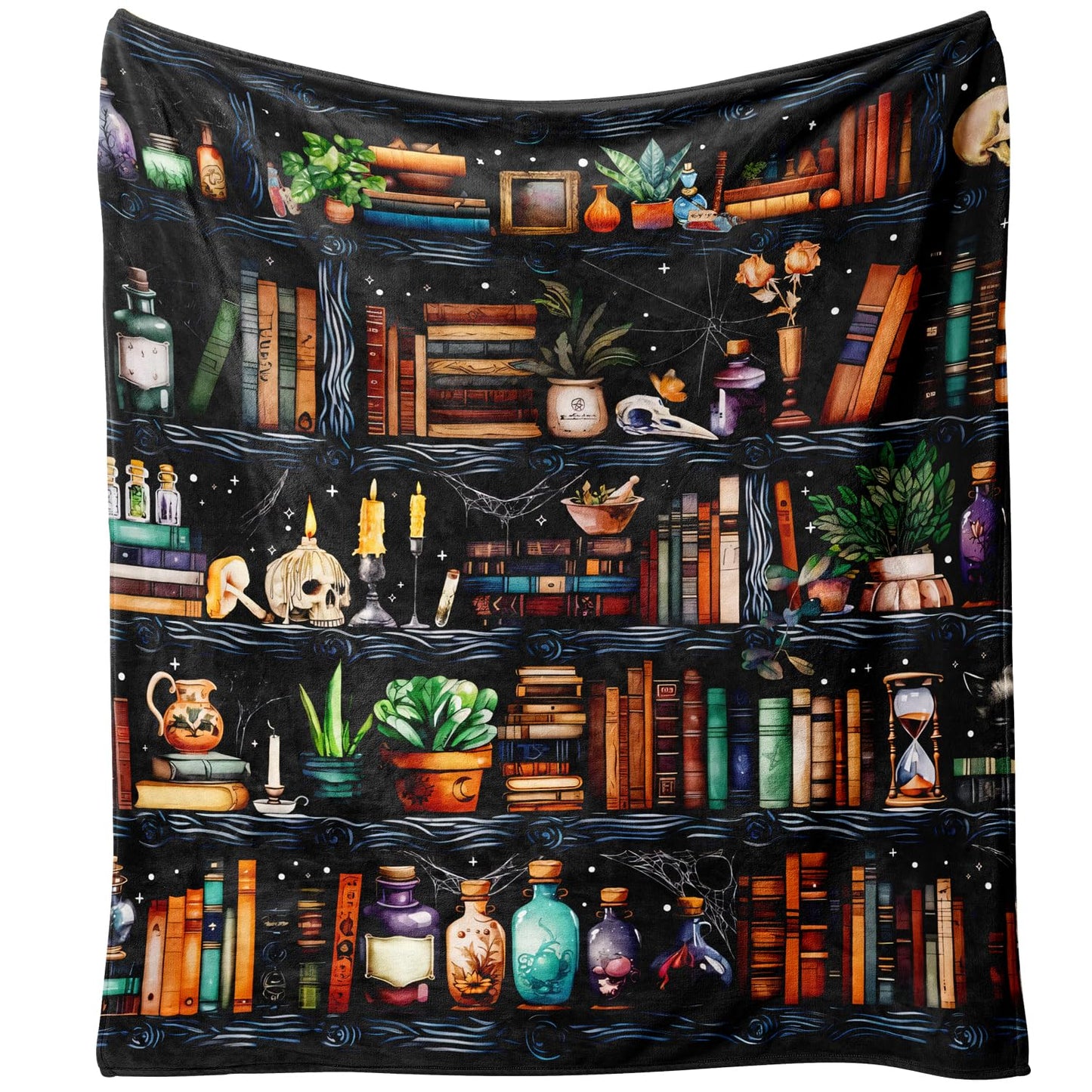 Yiyhuxf Book Lovers Blanket,Halloween Witches Bookshelf Skulls Black Cat Potions Fleece Blankets for Women Flannel Throw Blanket for Home Living Room Couch Bed Chair or Dorm Decor 60"x50"