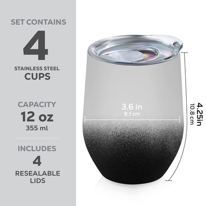 FineDine Triple Insulated Wine Tumbler With Lid (4 Pack) 12oz Stainless Steel Set- Tumblers Keep Drinks Hot & Cold for Outdoors, Beach, Picnics- Unbreakable Glasses With BPA Free Lids (White/Black)