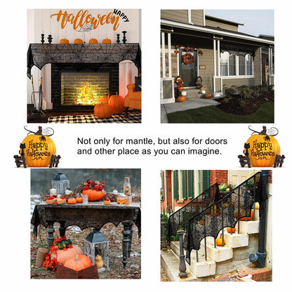 Comtraker Halloween Fireplace Mantle Decorations, Black Lace Spiderweb Mantel Scarf Cover Garland and 60 Pcs 3D Halloween Bats Wall Decor Stickers Decals for Festive Party Supplies, 18 x 98 inch