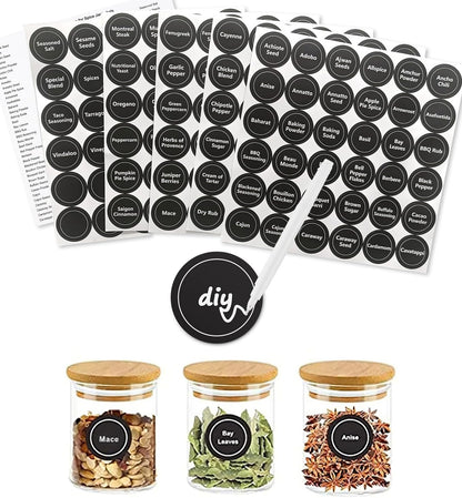 180 Spice Labels for Food Containers, Chalkboard Labels for Jars, Spice Label Stickers Herb Seasoning Kitchen Pantry Labels, Small Chalk Sticker Spice Jar Label Round 168 Printed, 1 Erasable Chalk