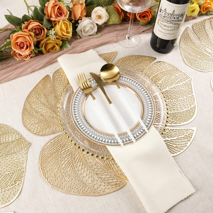 Evevda Gold Leaf Shaped Vinyl Placemats for Dinner Table Set of 4 Metallic Plastic Gold Place Mats Wipeable 6Pcs Table Mats for Wedding Annersary Dinner Table Decoration Mats