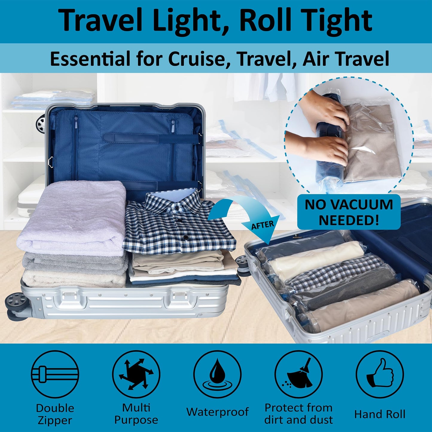 Compression Bags for Travel - Travel Essentials - 24 Pack Space Saver Bags - No Vacuum Needed - Compression Packing Bags for Cruise Accessories