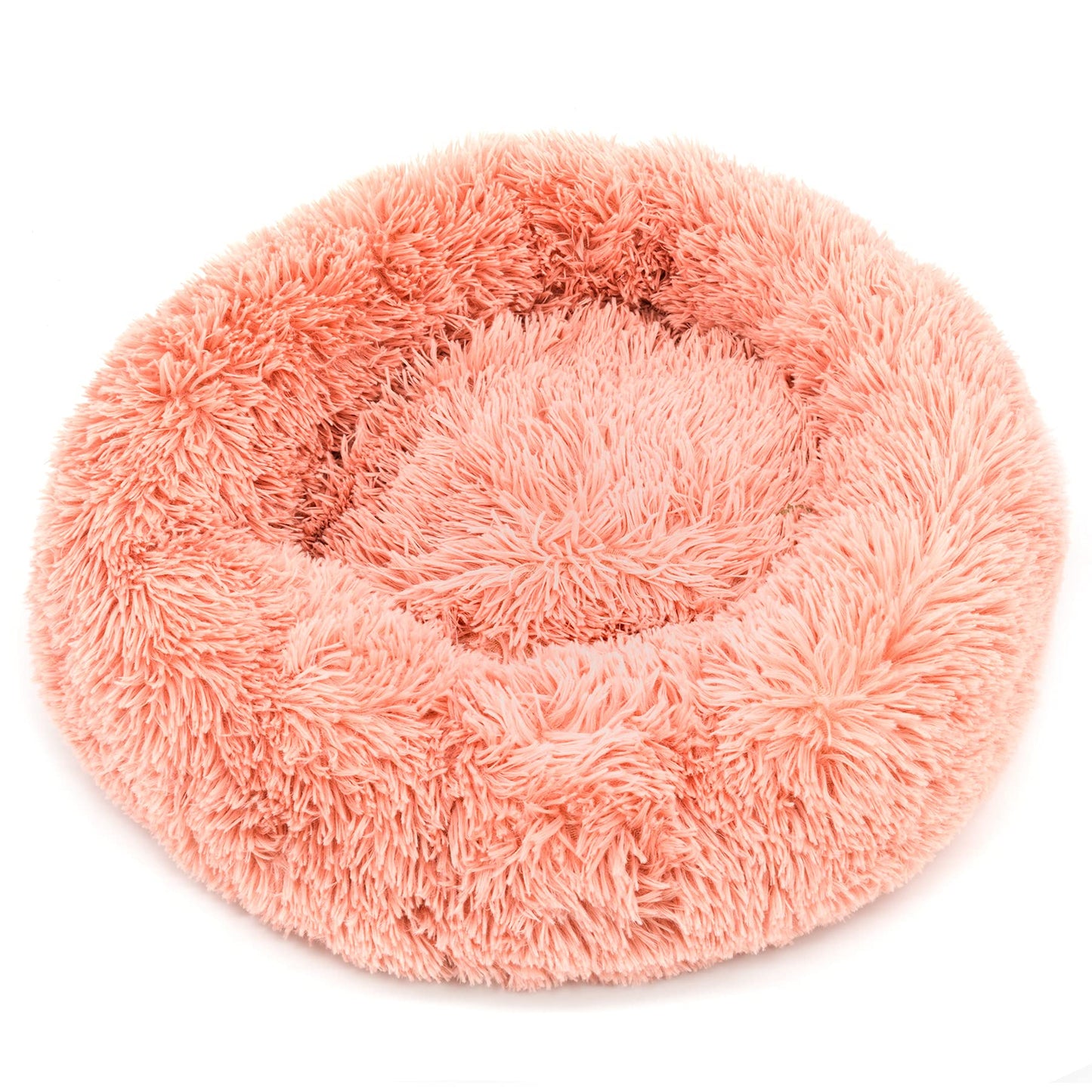 Fur & Bone Round Plush Donut Dog Cat Bed | Fluffy Cuddler Pet Cushion Self-Warming Beds | Washable Dog Bed with Non-Slip and Waterproof Bottom Calming Dog Bed - (60cm, Pink)