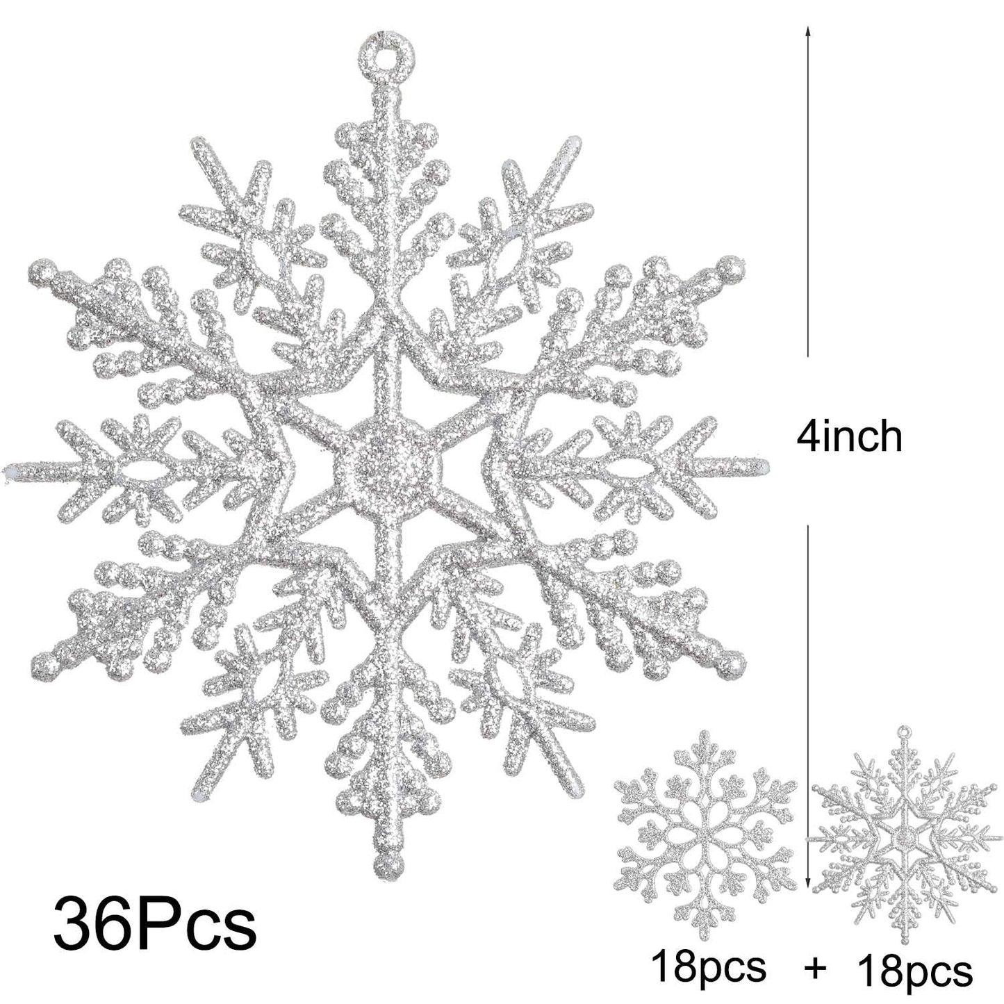DearHouse 36Pcs Christmas Glitter Snowflake Ornaments Clearance, 4 Inch Plastic Snowflake Christmas Tree Ornaments for Winter Wonderland Christmas Party Decorations, Silver