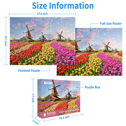1000 Piece Puzzle for Adults Dutch Windmill Puzzle 1000 Piece Tulip Fields Puzzles Tulips Flowers Jigsaw Puzzles 1000 Pieces Holland Spectacular Flower Fields Landscape Puzzles