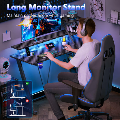 Korfile 40 Inch Gaming Desk with LED Lights & Power Outlet, Small Gaming Computer Desk with Storage Shelves, L Shaped Gamer Workstations with Monitor Stand for Bedroom, Carbon Fiber Black