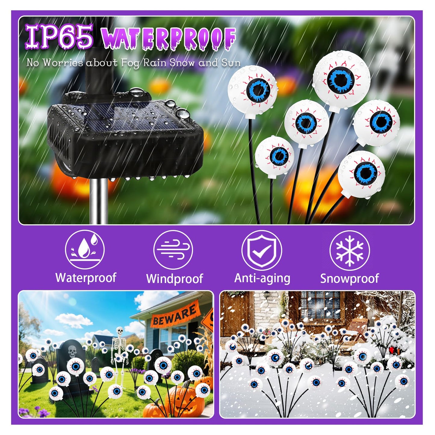 Halloween Decorations Outdoor, 4 Pack 24 LED Solar Purple Scary Eyeball Swaying Lights, Purple Solar Firefly Light Waterproof Outdoor Garden Lights for Halloween Yard Garden Lawn Party Flower Bed