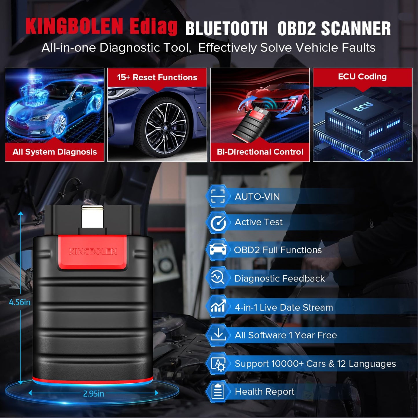 KINGBOLEN Ediag OBD2 Scanner Bluetooth, Bidirectional Scanner All System Diagnostic Tool for iOS & Android, ECU Coding, Active Test,15+ Reset Function, FCA AutoAuth, 1 Year Fr-ee Update from Thinkcar