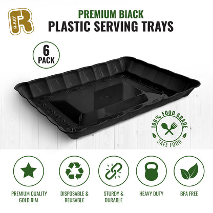 6 Pack Black Plastic Serving Trays - 9 x 13 Party Serving Trays and Platters - Black Serving Tray - Serving Platter Tray for Party