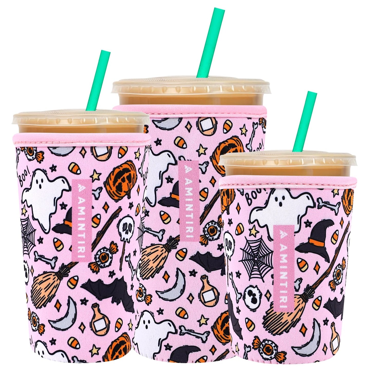 3 Pack Reusable Neoprene Sleeve for Iced & Hot Drinks, Compatible with Starbucks, Dunkin' Coffee Cup. (Happy Halloween)