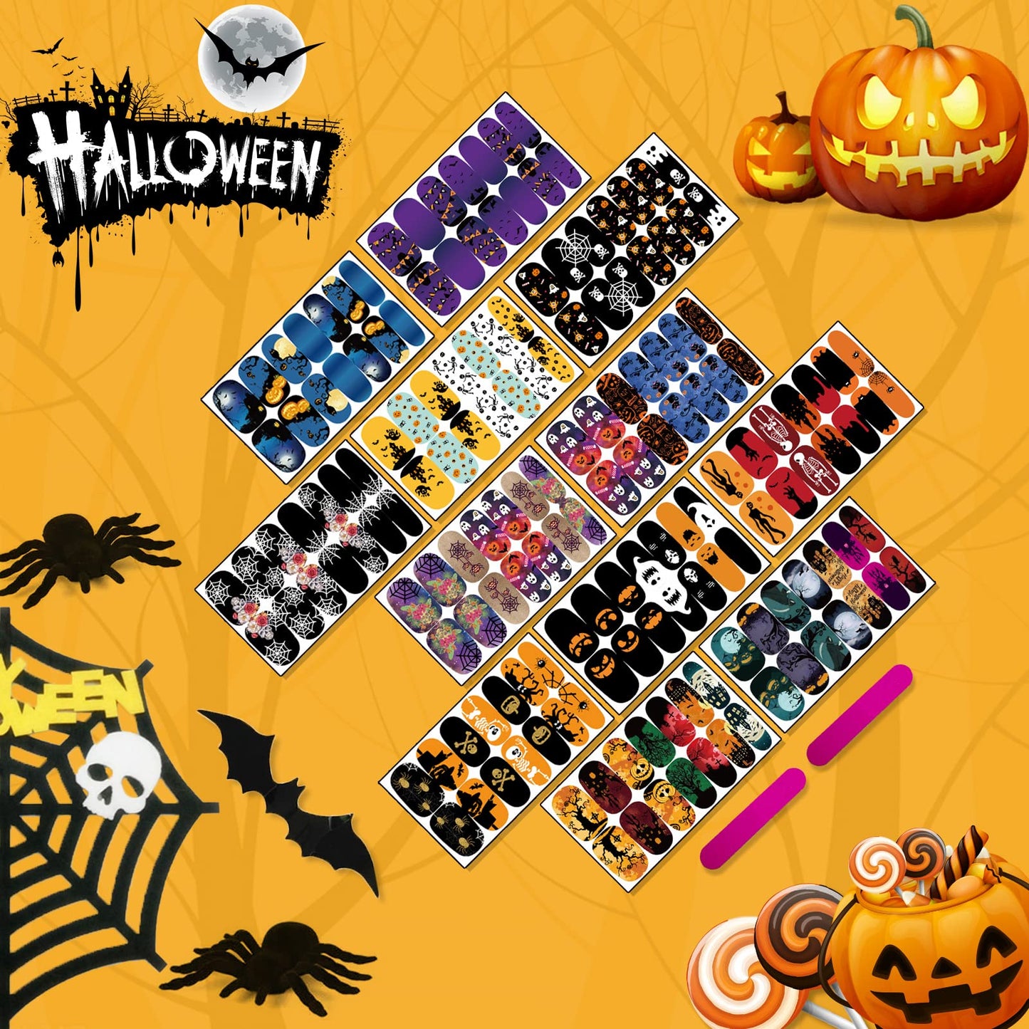 12 Sheets Halloween Full Nail Wraps Stickers, Nail Polish Strips DIY Self-Adhesive Nail Art Decals Pumpkin Bat Ghost Spider Skull Pattern with 2 Piece Nail Files for Party Decor (168 Pieces)