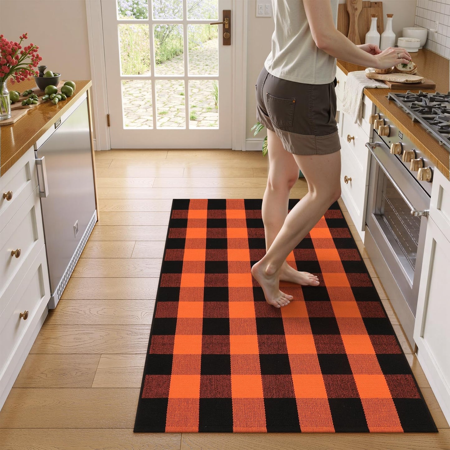 LEEVAN Halloween Buffalo Plaid Outdoor Rug 3x5, Washable Checkered Orange and Black Front Porch Rugs, Thanksgiving Cotton Woven Door Layered Mat for Farmhouse Entryway/Patio/Kitchen