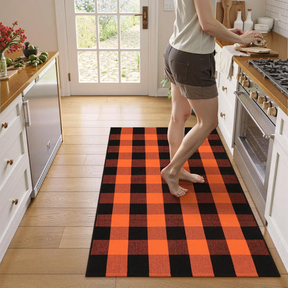 LEEVAN Halloween Buffalo Plaid Outdoor Rug 3x5, Washable Checkered Orange and Black Front Porch Rugs, Thanksgiving Cotton Woven Door Layered Mat for Farmhouse Entryway/Patio/Kitchen