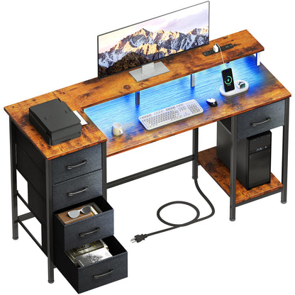 Korfile 47 Inch Computer Gaming Desk with Power Outlets LED Lights Reversible Home Office with Adjustable Fabric Storage Drawers for Working Writing Study, Rustic Brown