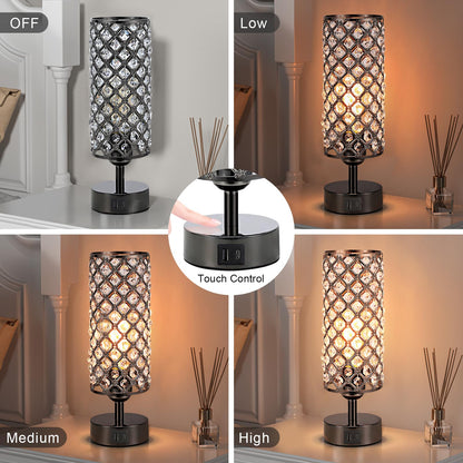 Hong-in Crystal Table Lamp,Black Lamp with USB C+A Ports, 3 Way Dimmable Light with Crystal Lampshade, Bedside Lamp Small Touch Light for Living Room Bedroom, Charge Phone (Bulb Included)