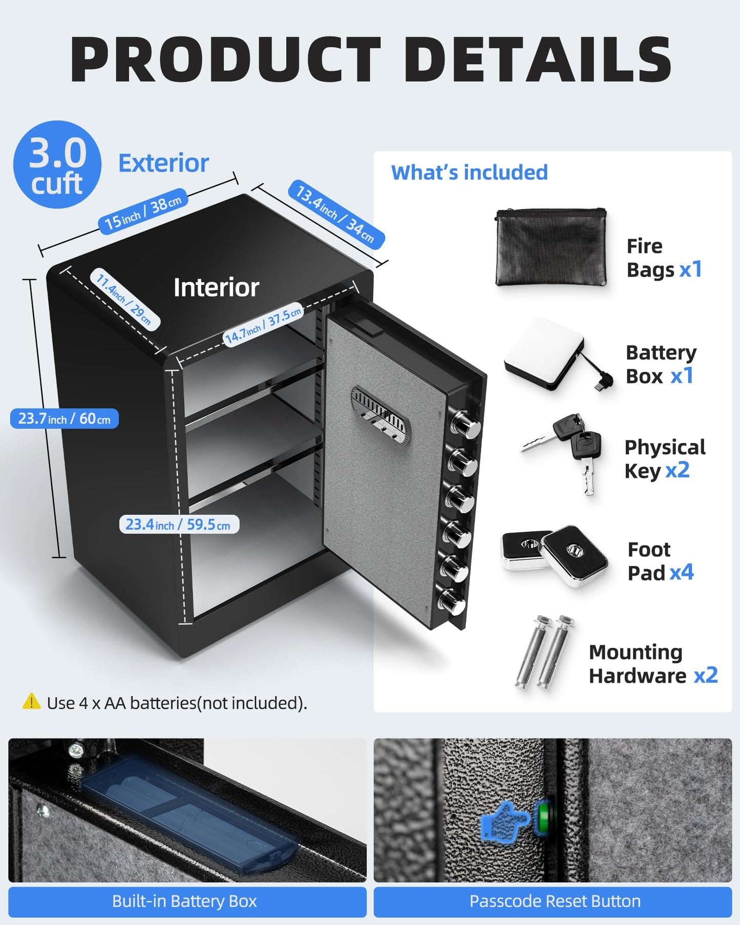 DAYI Safe Box, 3.0 Cubic Feet Home Safes with Fireproof Waterproof Bag, Security Safe for Money Cash Documents, Digital Keypad, Dual Alarm System, Removable Shelf - D-60