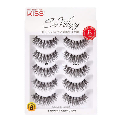 KISS So Wispy Fake Eyelashes Multipack #09, Easy-To-Apply Lightweight False Eyelashes, 100% Cruelty-Free Natural Human Hair, Reusable and Contact Lens Friendly, 5 Pairs Black