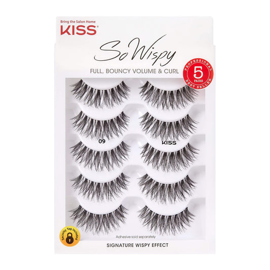 KISS So Wispy Fake Eyelashes Multipack #09, Easy-To-Apply Lightweight False Eyelashes, 100% Cruelty-Free Natural Human Hair, Reusable and Contact Lens Friendly, 5 Pairs Black