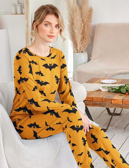 Ekouaer Womens Halloween Jogger Pajama Sets Long Sleeve Sleepwear Round Neck Nightwear Soft Pjs Lounge Sets with Pockets Yellow Halloween Medium