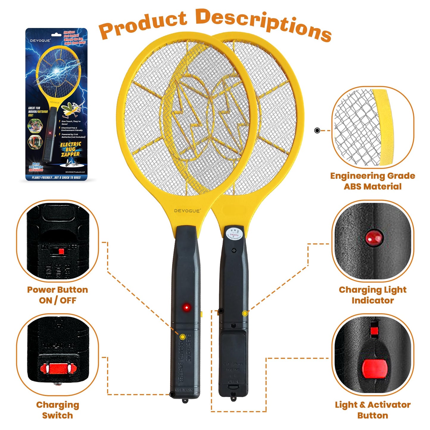 DEVOGUE® Pack of 2 Electric Fly Swatter Bug Zapper Battery Operated Flies Killer Indoor & Outdoor Pest Control Mosquito Zapper and Insect Catcher Racket (Packing May Vary)