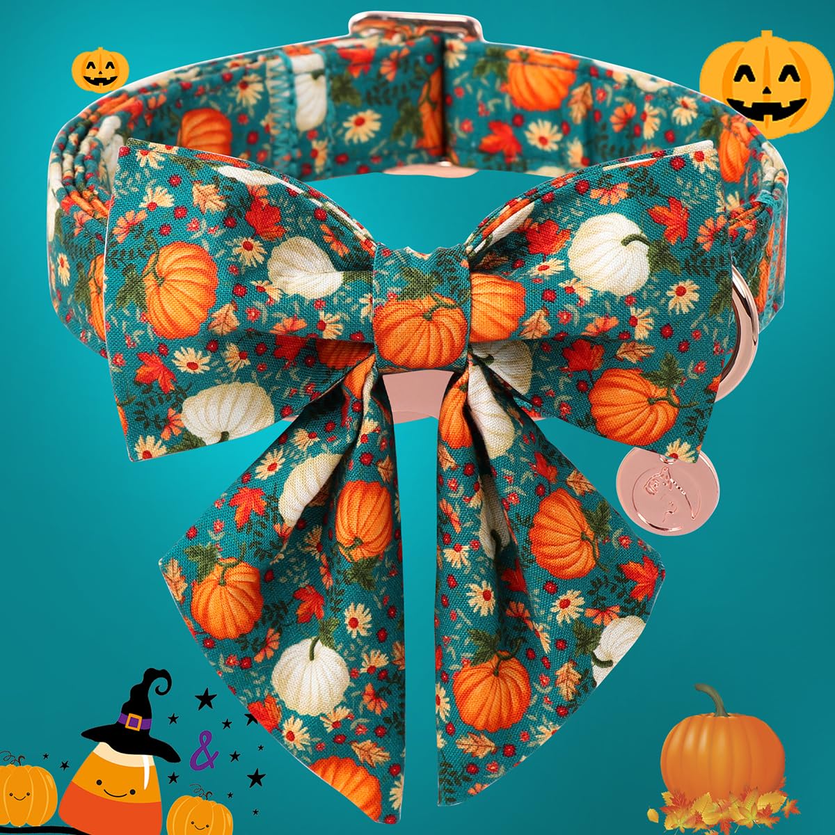 DOGWONG Fall Dog Collar with Bowtie, Halloween Pumpkin Pet Collar in Soft Cotton for Small, Medium & Large Dogs