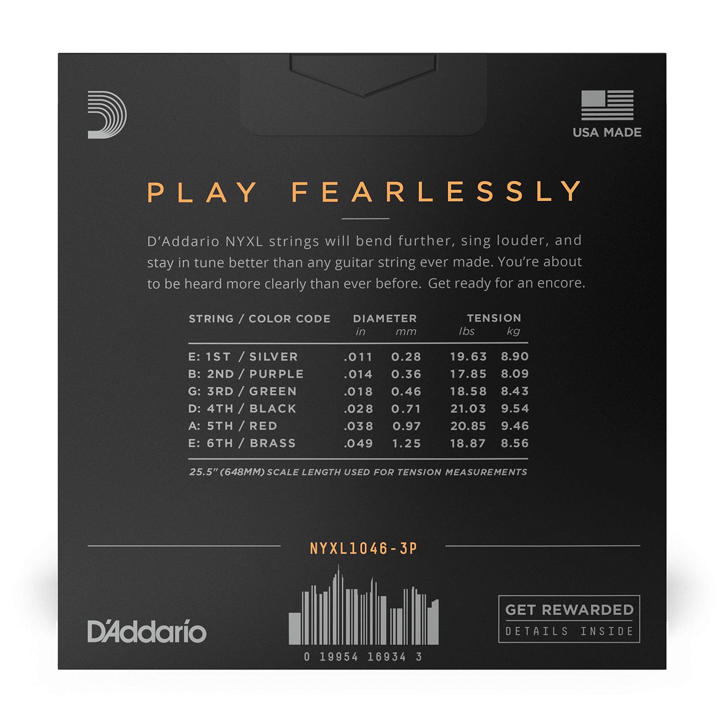 D'Addario Electric Guitar Strings, NYXL Nickel Plated, NYXL1046-3P, Regular Light Gauge 10-46, 6-String Set, Pack of 3
