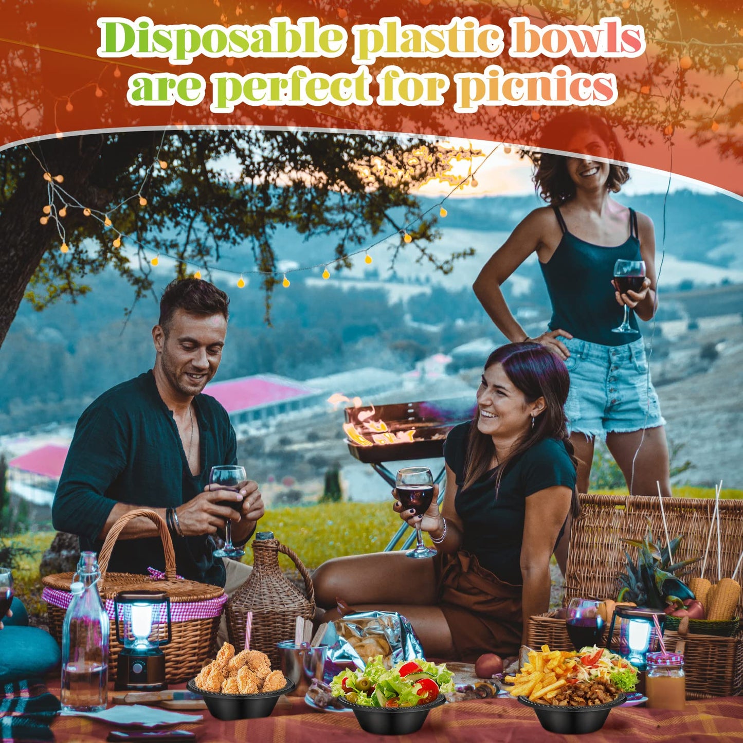 Lallisa 100 Pcs 12oz Black Disposable Plastic Bowls Halloween Dessert Cups Ice Cream Snack Salad Soup Food Serving Bowls for Halloween Party Favor Picnic