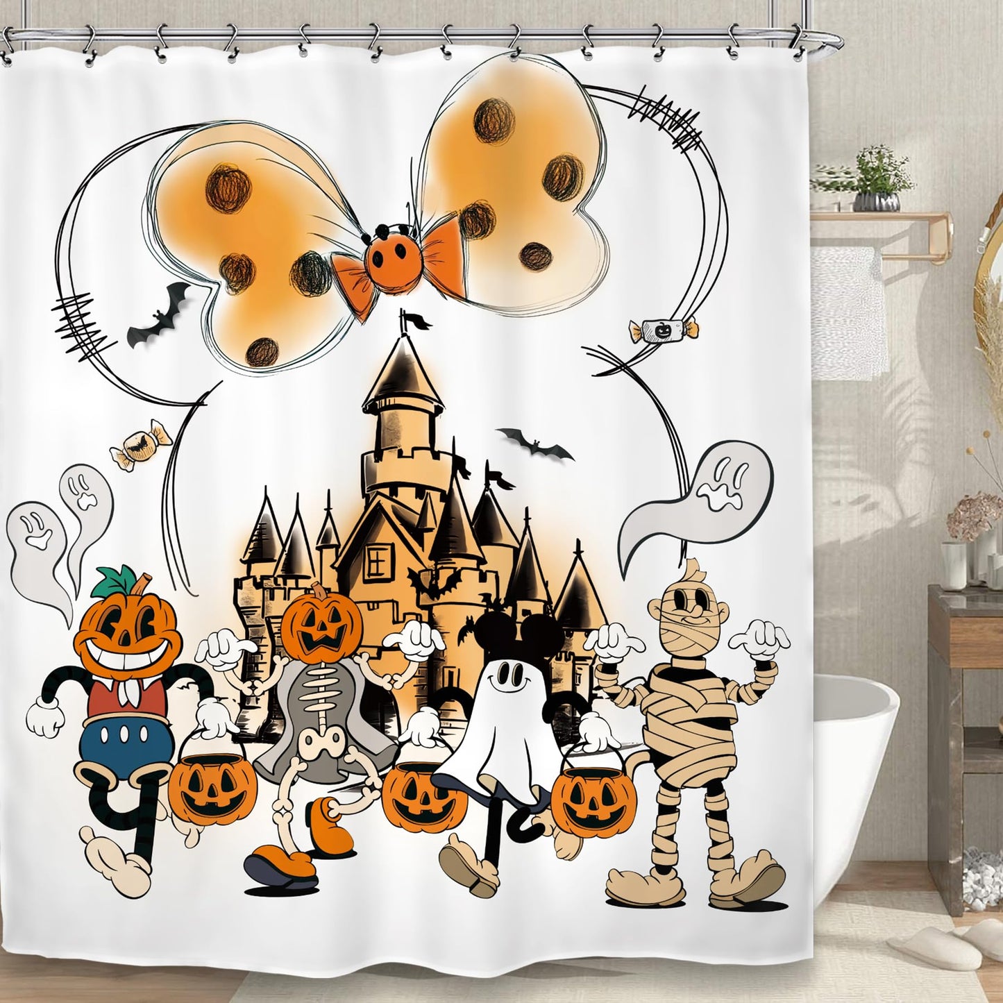 Kalmico Halloween Ghost Pumpkin Mummy Shower Curtain 60Wx72L Inch Trick or Treat Scary Spooky Pumpkin Horror Mouse Head Bathroom Set Accessories Decor with 12 Pack Hooks