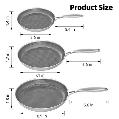 COOKER KING Non-toxic Frying Pans Set of 3 (8+10+12 Inch), Tri Ply Stainless Steel Pans, Induction Pan Set, Chef's Pan, Skillets Dishwasher & Oven Safe, Stay-Cool Handles, Compatible with All Cooktops