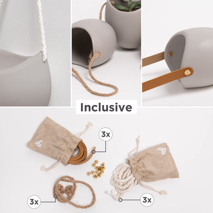 Kazai. Wall Planters -Ellie- | Hanging Ceramic Plant Pots 3 Pieces | Wall Decoration for Indoors, Balcony and Garden | Light Grey (Matte)