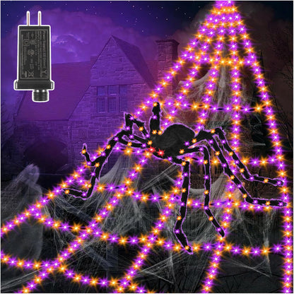 Spider Web Halloween Decorations Lights - 550 LEDs Outdoor Giant Halloween Decor 16.4ft Spider Web with 4ft Light-up Spider, 8 Modes, Waterproof&Timer for Yard Garden, Outside Party (with Spider)