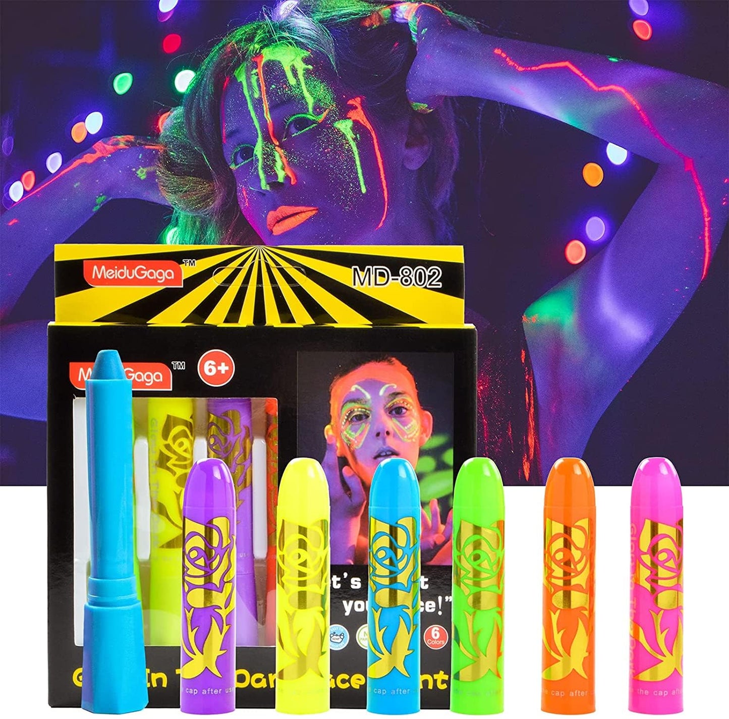 6 Pcs Glow in The Light Body Face Paint, Face Painting Kit, UV Crayon Kit Fluorescent Body Paints for Adults for Birthday Party Halloween Masquerade Makeup Outdoor for Kids