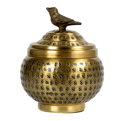 Creative Co-Op Round Hammered Metal Container with Bird Finial, Brass Finish