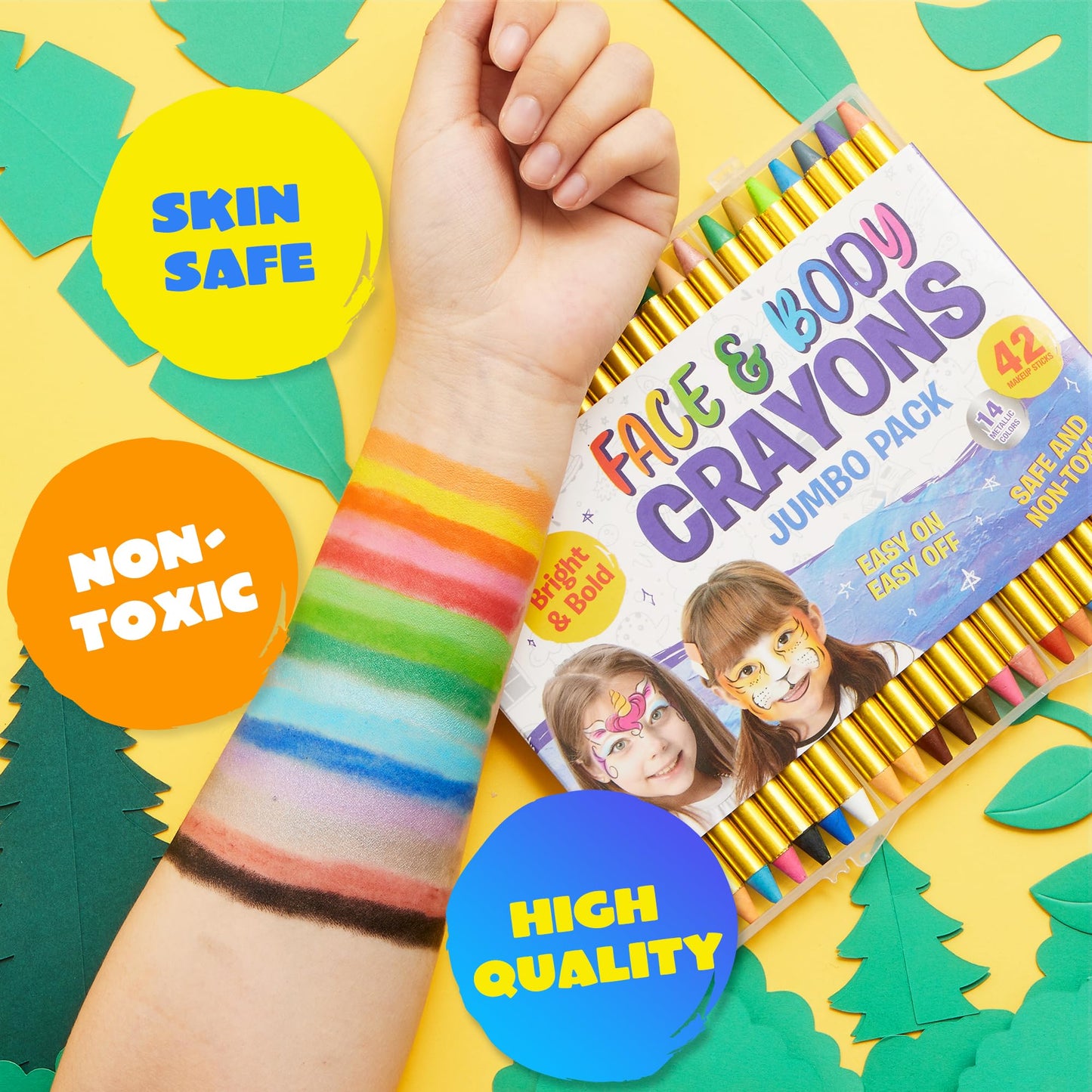 42PCS Face and Body Paint Crayons, XL Face Painting Kit Safe and Non-Toxic Ultimate Party Pack Including 14 Metallic Colors for Birthday Makeup Party Supplies, Festivals, Gifts for Kids Girls Boys