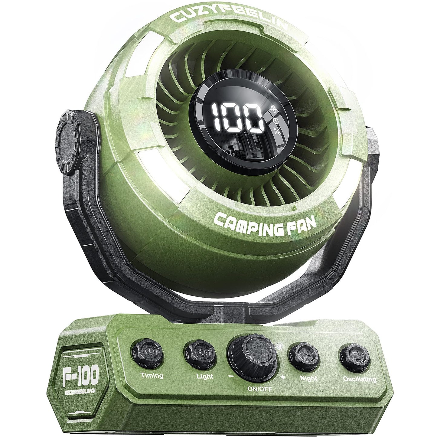 CuzyFeelin Portable Fan Rechargeable - Versatility Camping Fan with LED Lantern & Hook - USB Battery Powered, Cordless, 15-80H, 100 Speeds, 180° Oscillation - for Table, Outdoor, Tent, Travel - Green