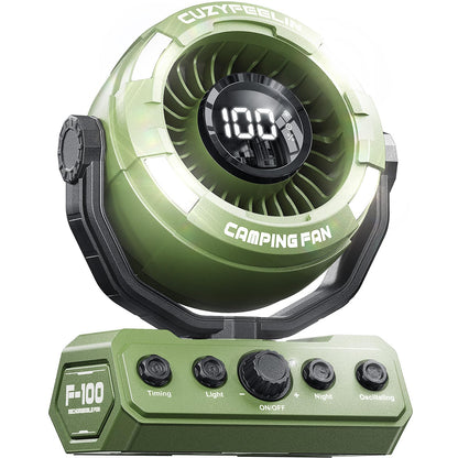 CuzyFeelin Portable Fan Rechargeable - Versatility Camping Fan with LED Lantern & Hook - USB Battery Powered, Cordless, 15-80H, 100 Speeds, 180° Oscillation - for Table, Outdoor, Tent, Travel - Green