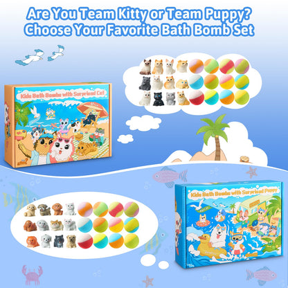 JuraFizz Bath Bombs for Kids with Surprise Inside, 24 Pack Kids BathBombs with Puppy & Cat Toys, Child-Safe Natural Bath Bombs with Toys Inside for Girls and Boys, Birthday Party Favors
