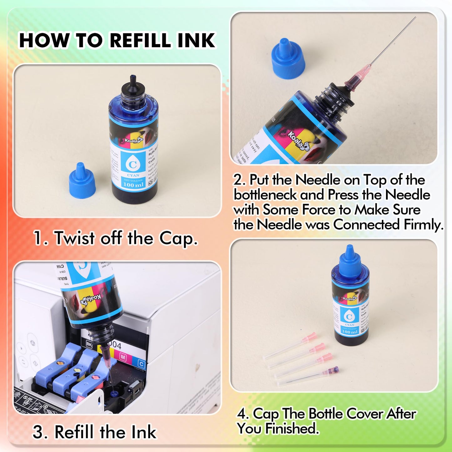 Koala Sublimation Ink Refill Bottle Compatible with ET-2720 ET-2760 ET-2800 ET-2803 ET-2850 ET-3760 WF-7710 WF-7720 C68 C88 for Heat Transfer on Mugs, Polyester Shirts, Mat, etc