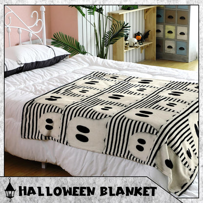 FuWeave Halloween Throw Blanket Cute Rustic Ghost Flannel Blanket Farmhouse Spooky Blanket Soft Black White Striped Blanket Retro Halloween Decoration for Sofa Bed Holiday Party Gifts,50 x60