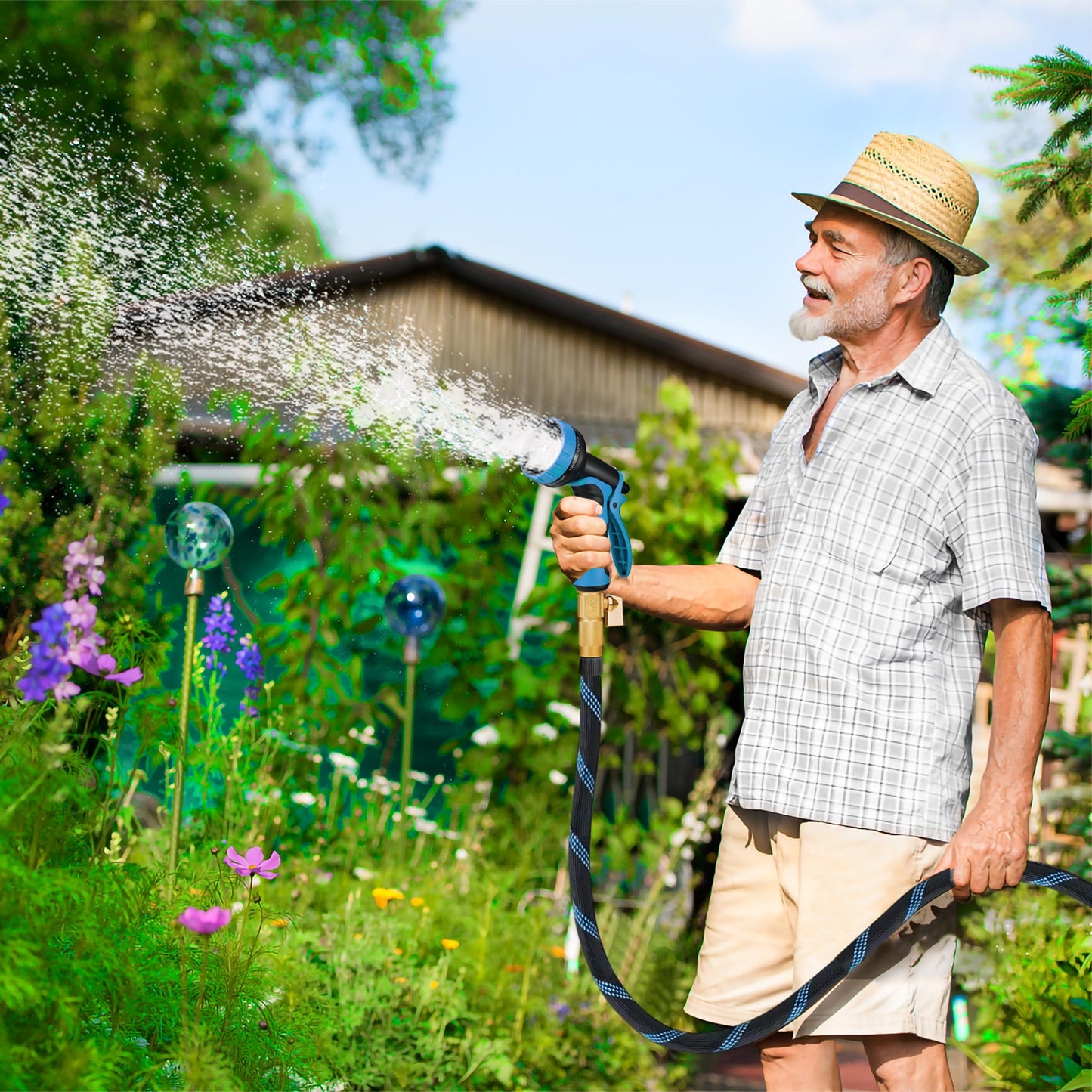 Garden Hose 100 ft, 2025 Upgarded Flexible Water Hose 100ft With 10-Pattern Spray Nozzle, Kink-Free, Lightweight, Durable, Leak-Proof Solid Brass Fittings (Black & Blue)