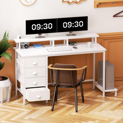 Furologee 47 Inch Computer Desk Gaming with 4 Fabric Drawers with Power Outlets and LED Lights for Home Office with Full Monitor Stand and Shelf Study Table for Small Spaces White