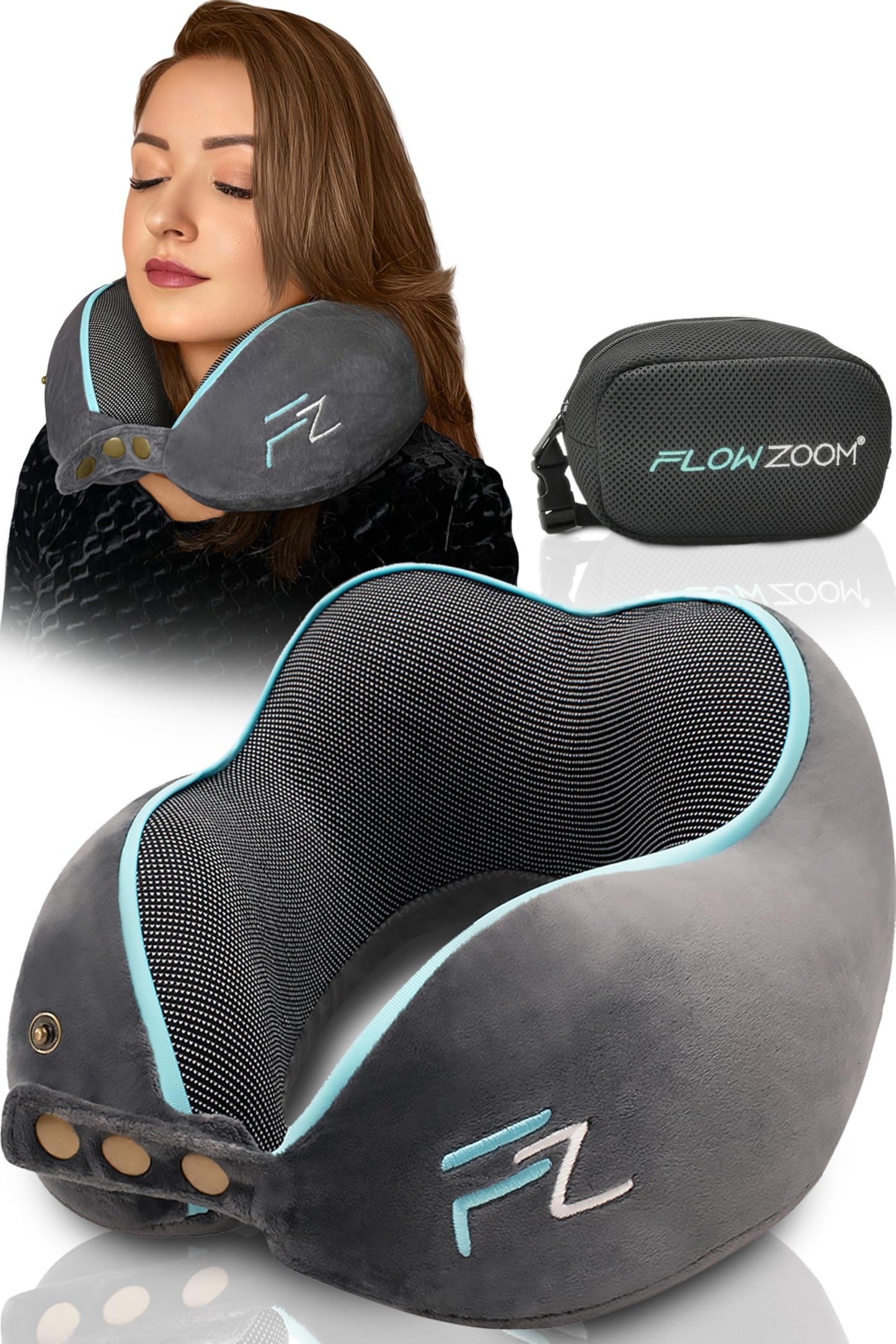 FLOWZOOM Memory Foam Travel Pillow for Airplanes & Car Rides – Adjustable Airplane Pillow with 360° Chin and Neck Support for Comfy Naps, Extra-Soft Washable Neck Pillow Cover, Squeezy Mesh Bag – Grey